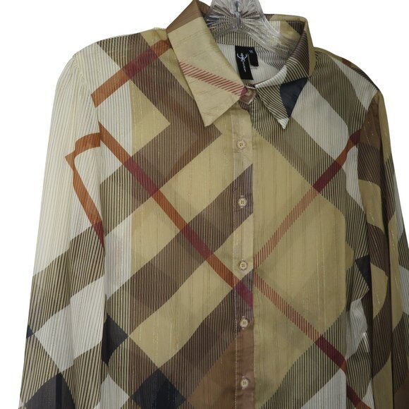 Vintage Striped Plaid Sheer Button-Down Shirt Long Sleeves Pointed Collar Size M - Picture 5 of 11